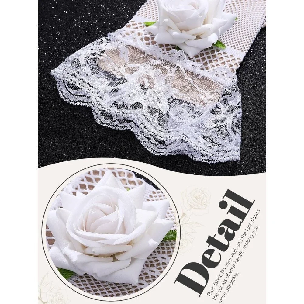 Women's White Mesh Flower Rose Lace Gloves Design Wedding Party Tea Prom